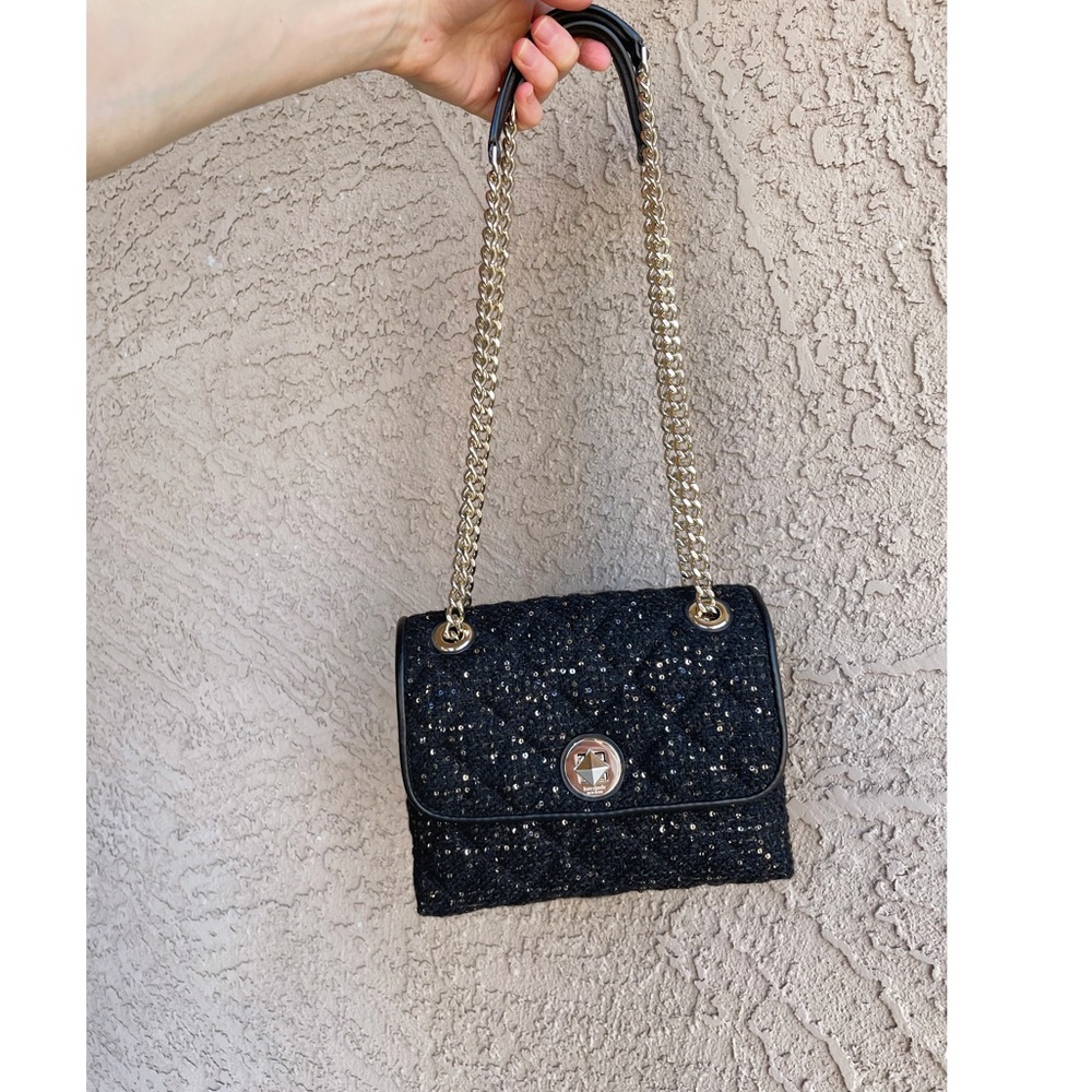 KATE SPADE Black & Gold Quilted Sequin Flap Chain Crossbody Shoulder Bag Purse - Picture 3 of 15